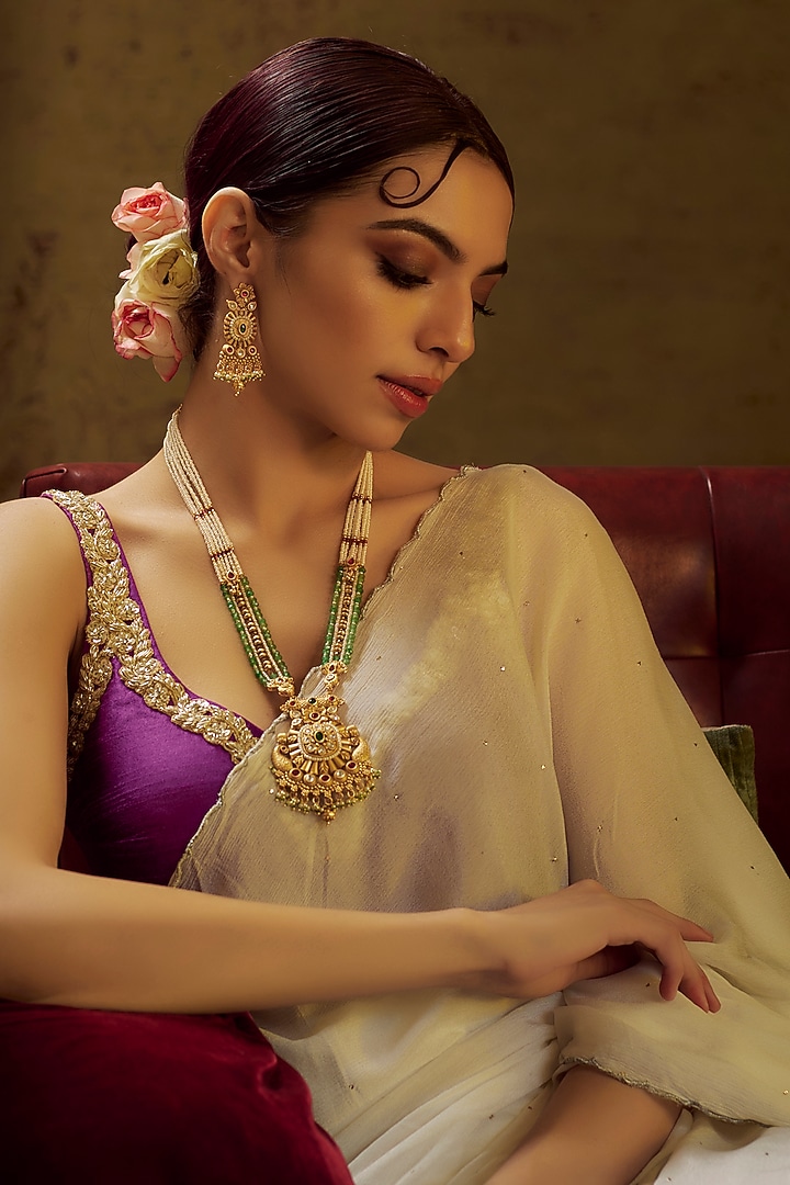 Gold Finish Kundan Polki & Multi-Colored Stone Temple Long Necklace Set by VASTRAA Jewellery at Pernia's Pop Up Shop