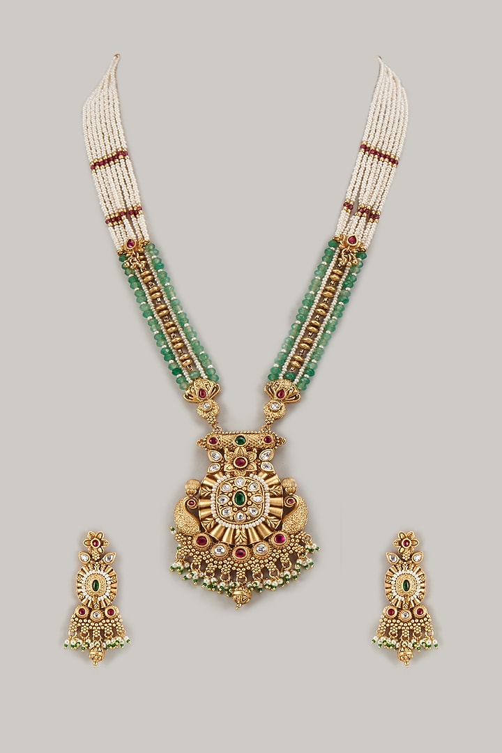 Gold Finish Kundan Polki & Multi-Colored Stone Temple Long Necklace Set by VASTRAA Jewellery at Pernia's Pop Up Shop
