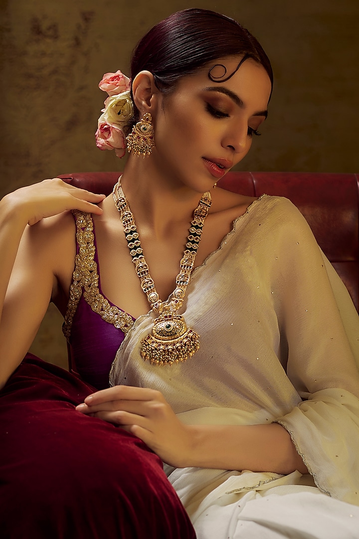 Gold Finish Kundan Polki & Multi-Colored Stone Temple Long Necklace Set by VASTRAA Jewellery at Pernia's Pop Up Shop