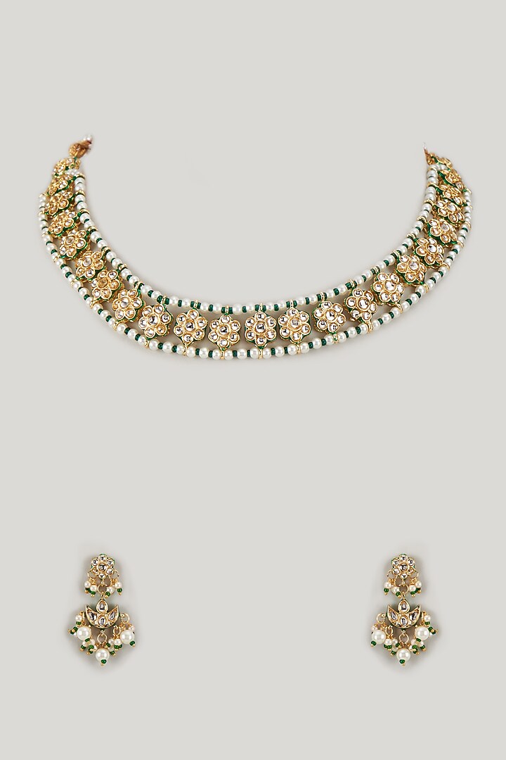 Gold Finish Kundan Polki Temple Necklace Set by VASTRAA Jewellery at Pernia's Pop Up Shop