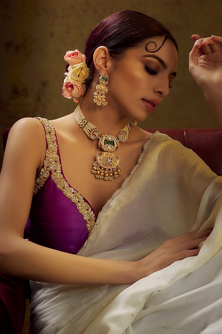 Gold Finish Kundan Polki & Multi-Colored Stone Temple Long Necklace Set by VASTRAA Jewellery at Pernia's Pop Up Shop