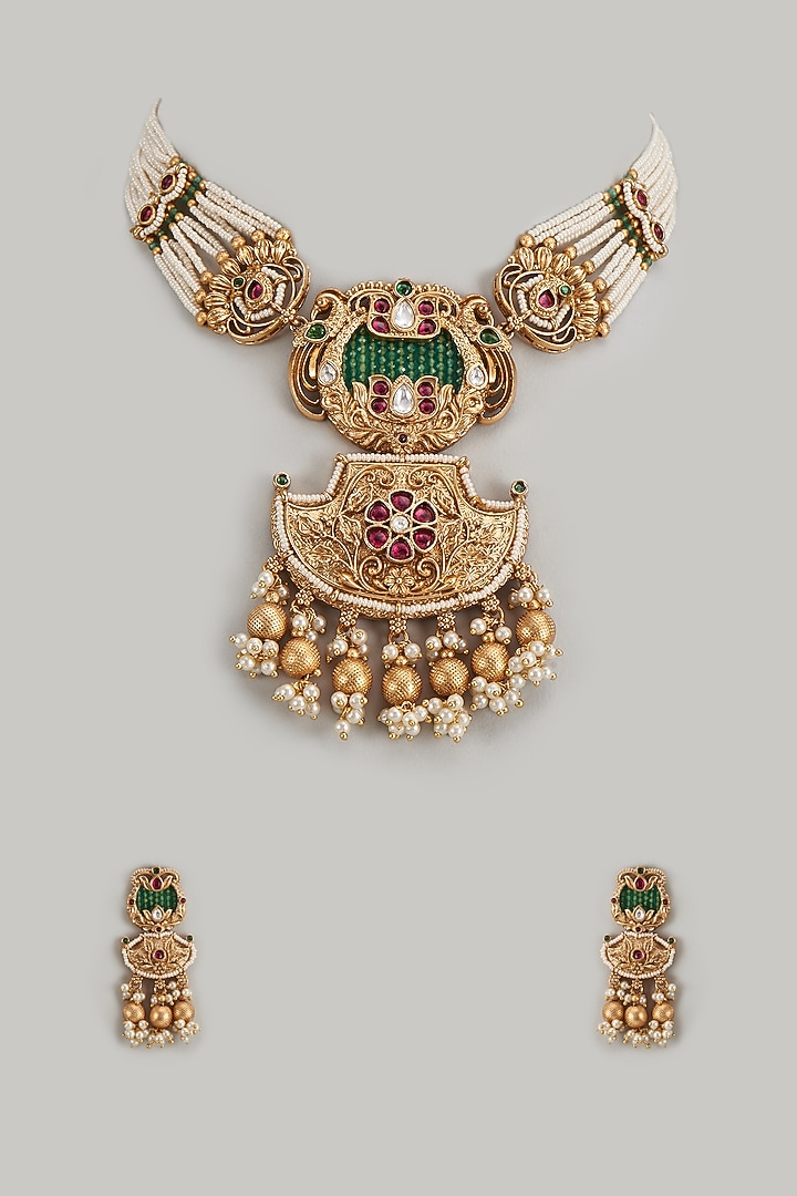 Gold Finish Kundan Polki & Multi-Colored Stone Temple Long Necklace Set by VASTRAA Jewellery at Pernia's Pop Up Shop