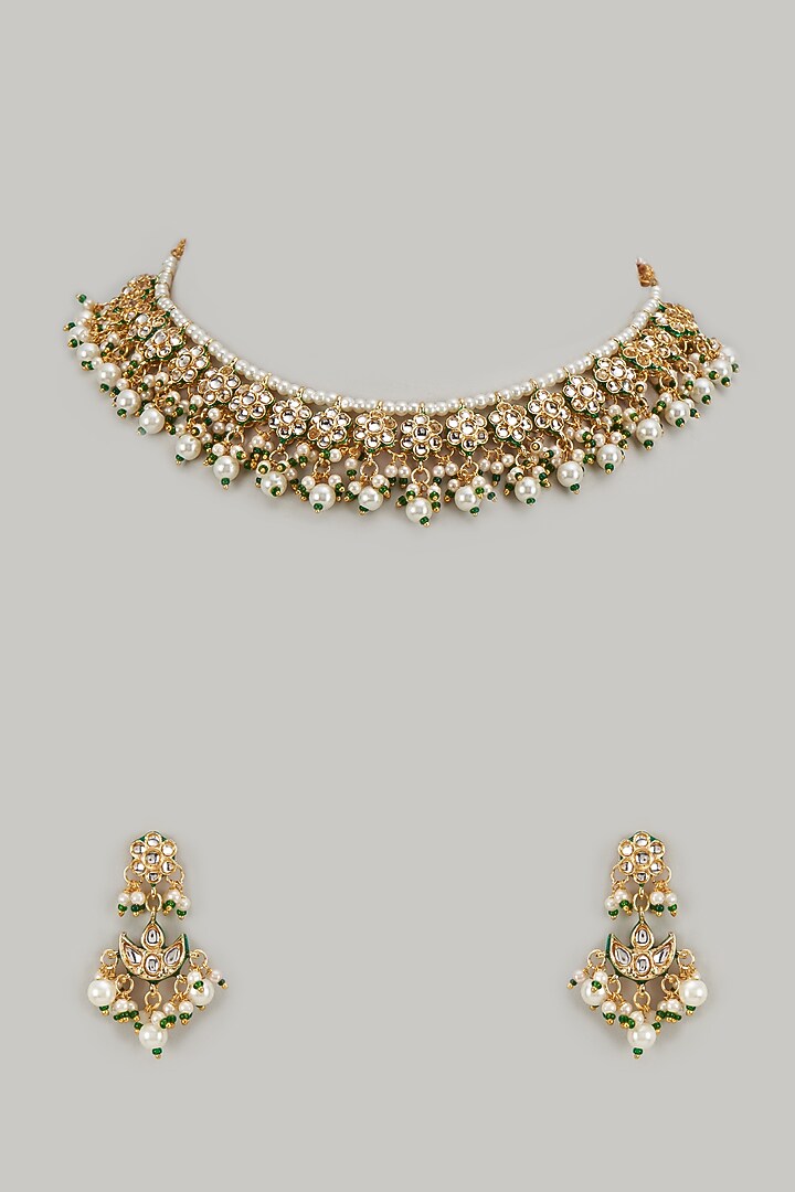 Gold Finish Kundan Polki Temple Necklace Set by VASTRAA Jewellery at Pernia's Pop Up Shop