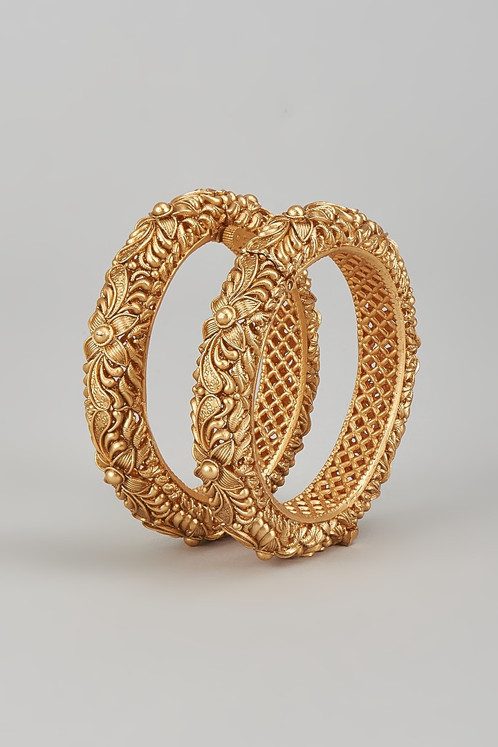 Gold Finish Kundan Polki Temple Bangles (Set of 2) by VASTRAA Jewellery at Pernia's Pop Up Shop