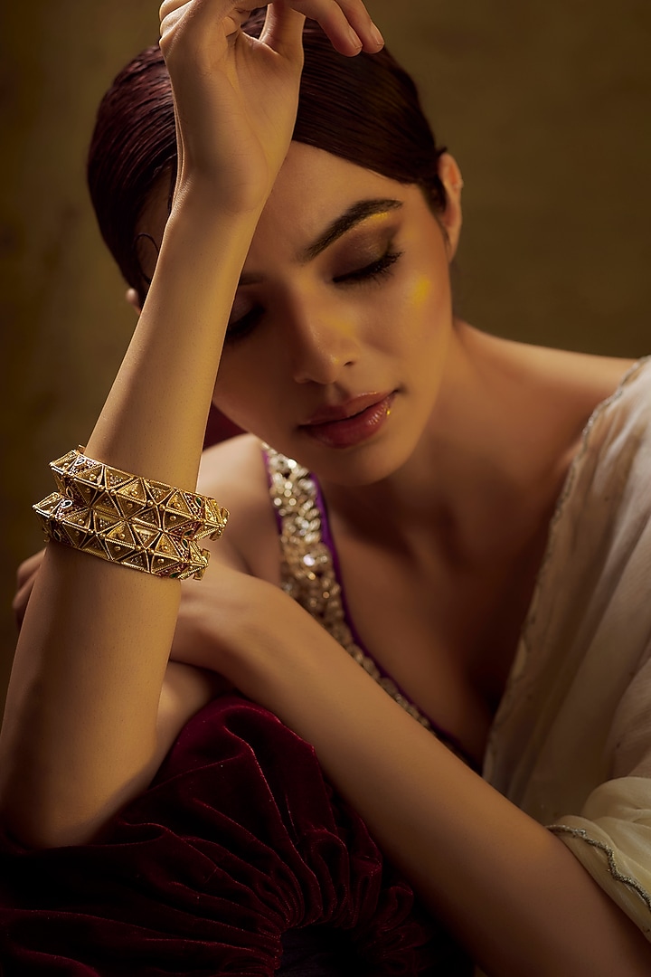 Gold Finish Multi-Colored Stone & Kundan Polki Temple Bangles (Set of 2) by VASTRAA Jewellery at Pernia's Pop Up Shop
