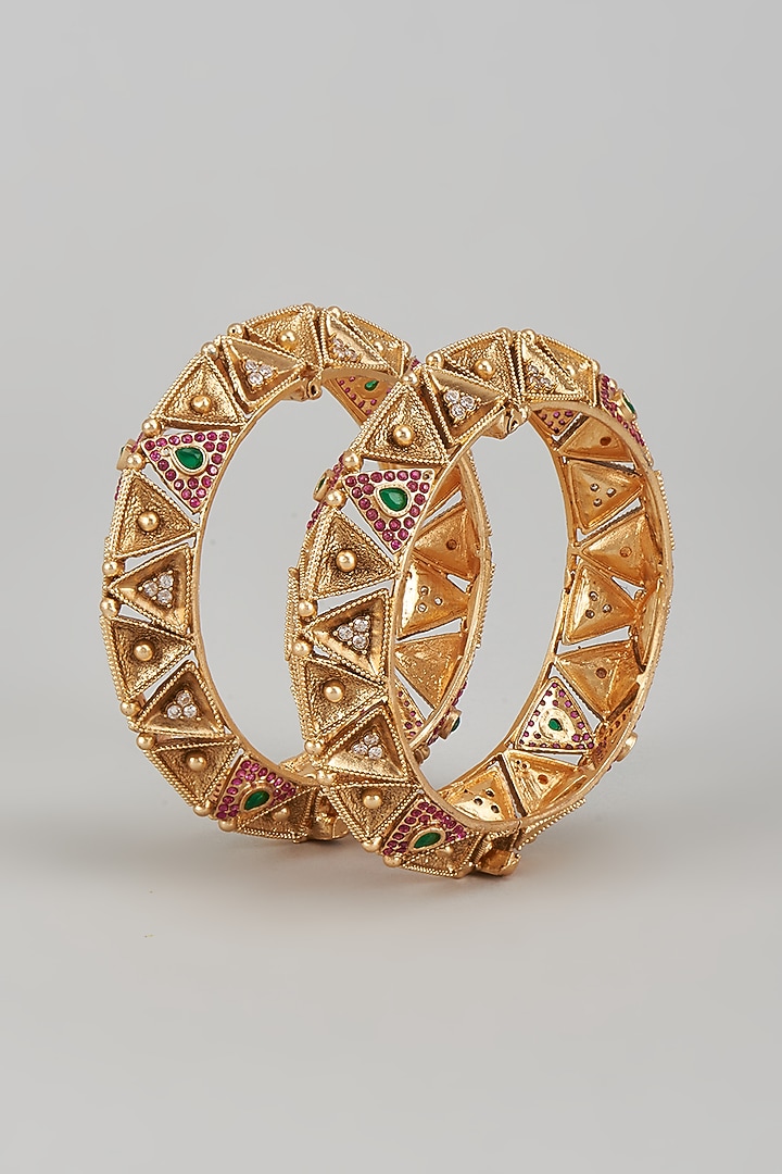 Gold Finish Multi-Colored Stone & Kundan Polki Temple Bangles (Set of 2) by VASTRAA Jewellery at Pernia's Pop Up Shop