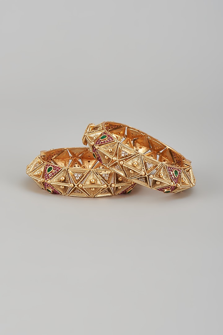 Gold Finish Multi-Colored Stone & Kundan Polki Temple Bangles (Set of 2) by VASTRAA Jewellery at Pernia's Pop Up Shop