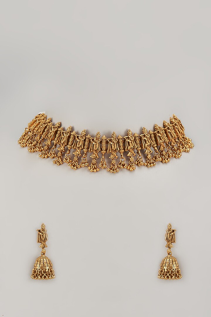 Gold Finish Kundan Polki Temple Choker Necklace Set by VASTRAA Jewellery at Pernia's Pop Up Shop