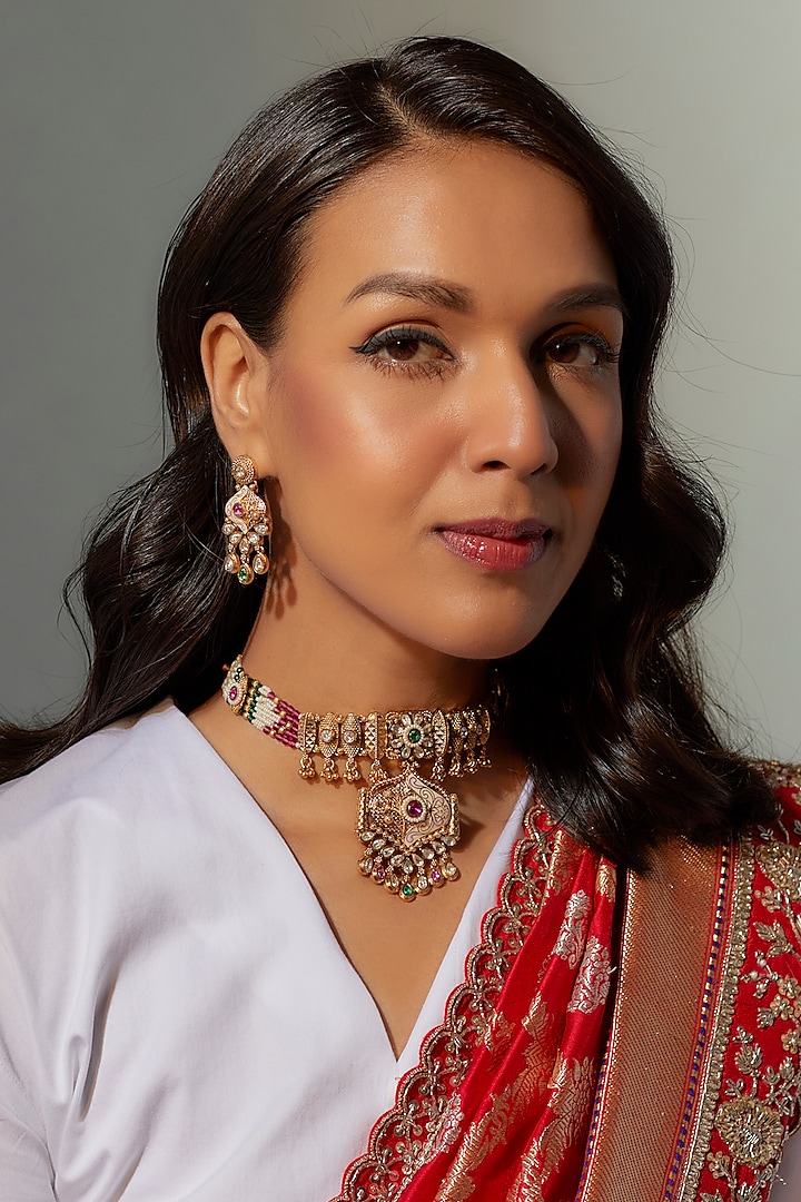Gold Finish Multi-Colored Stone & Kundan Polki Temple Choker Necklace Set by VASTRAA Jewellery at Pernia's Pop Up Shop