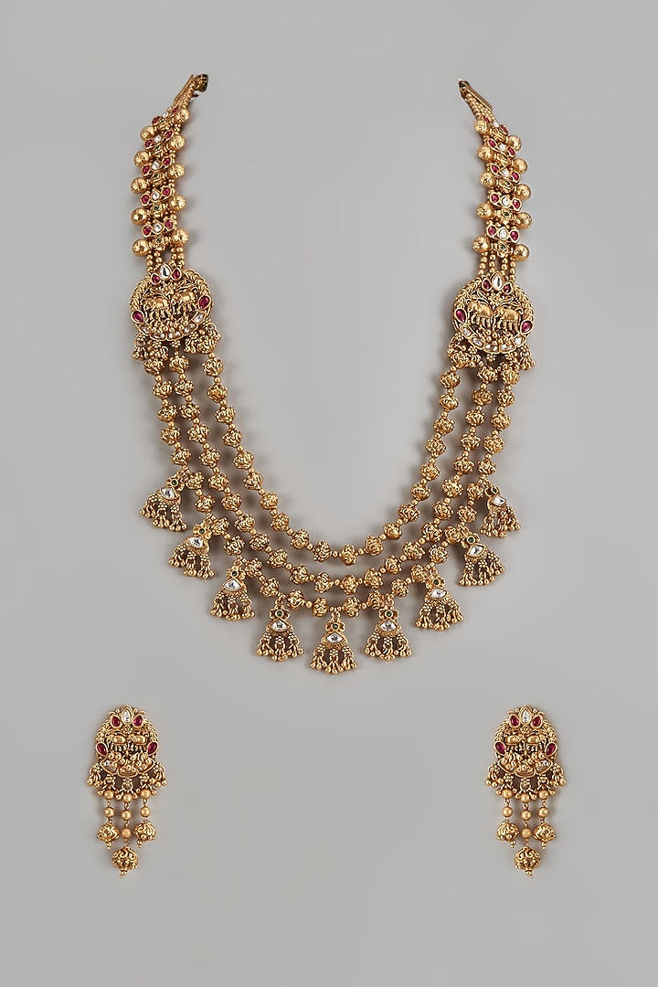 Gold Finish Multi-Colored Stone Temple Long Necklace Set by VASTRAA Jewellery at Pernia's Pop Up Shop