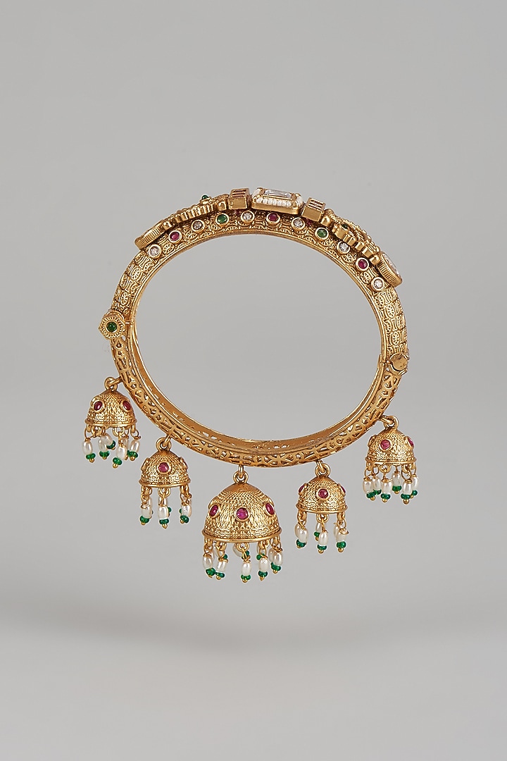 Gold Finish Kundan Polki & Multi-Colored Stone Temple Bangles (Set of 2) by VASTRAA Jewellery at Pernia's Pop Up Shop