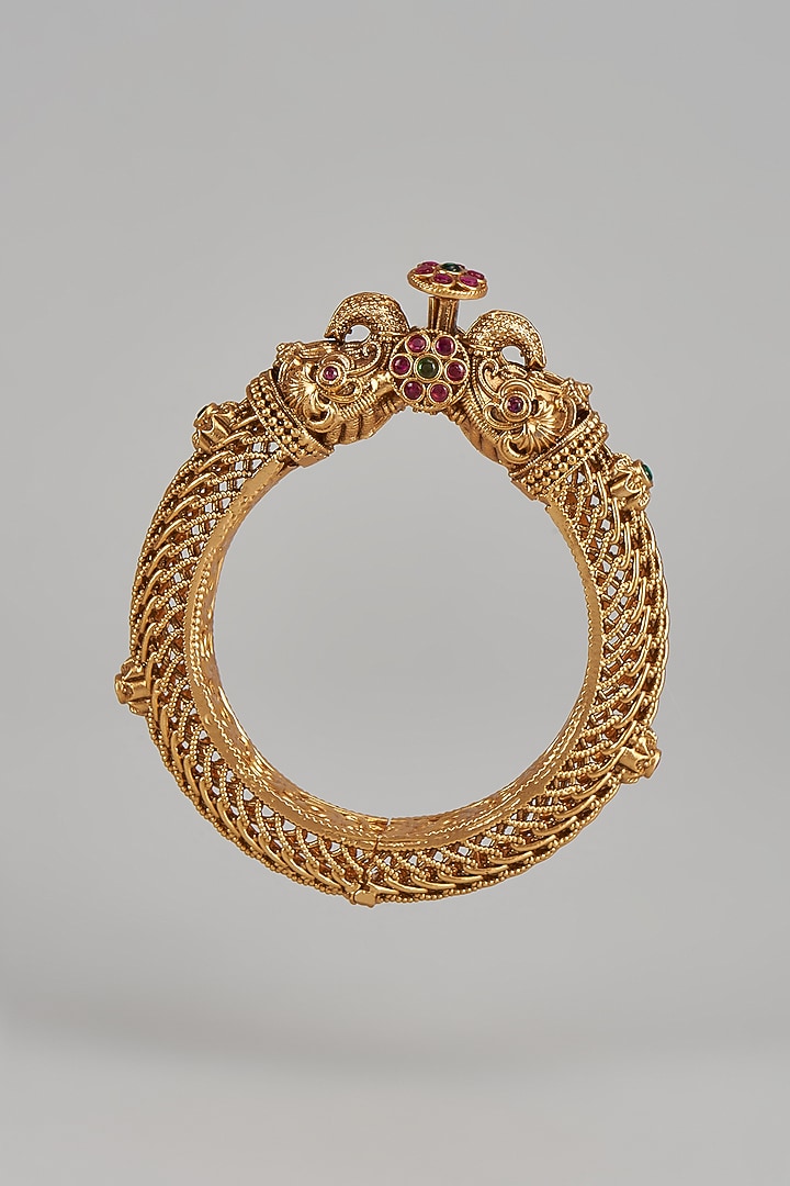 Gold Finish Kundan Polki & Multi-Colored Stone Temple Bangles (Set of 2) by VASTRAA Jewellery at Pernia's Pop Up Shop