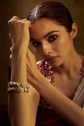 Gold Finish Kundan Polki & Multi-Colored Stone Temple Bangles (Set of 2) by VASTRAA Jewellery