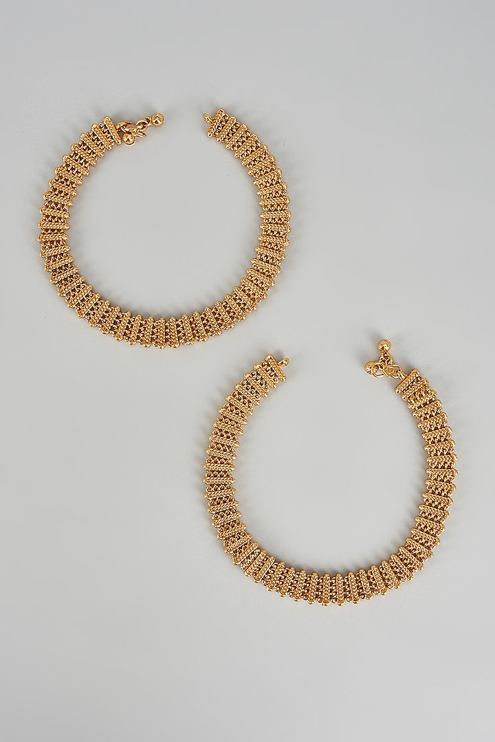 Gold Finish Kundan Polki Temple Anklets (Set of 2) by VASTRAA Jewellery at Pernia's Pop Up Shop