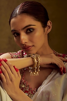 Gold Finish Kundan Polki & Multi-Colored Stone Temple Bangles (Set of 2) by VASTRAA Jewellery-DESIGNER BANGLES