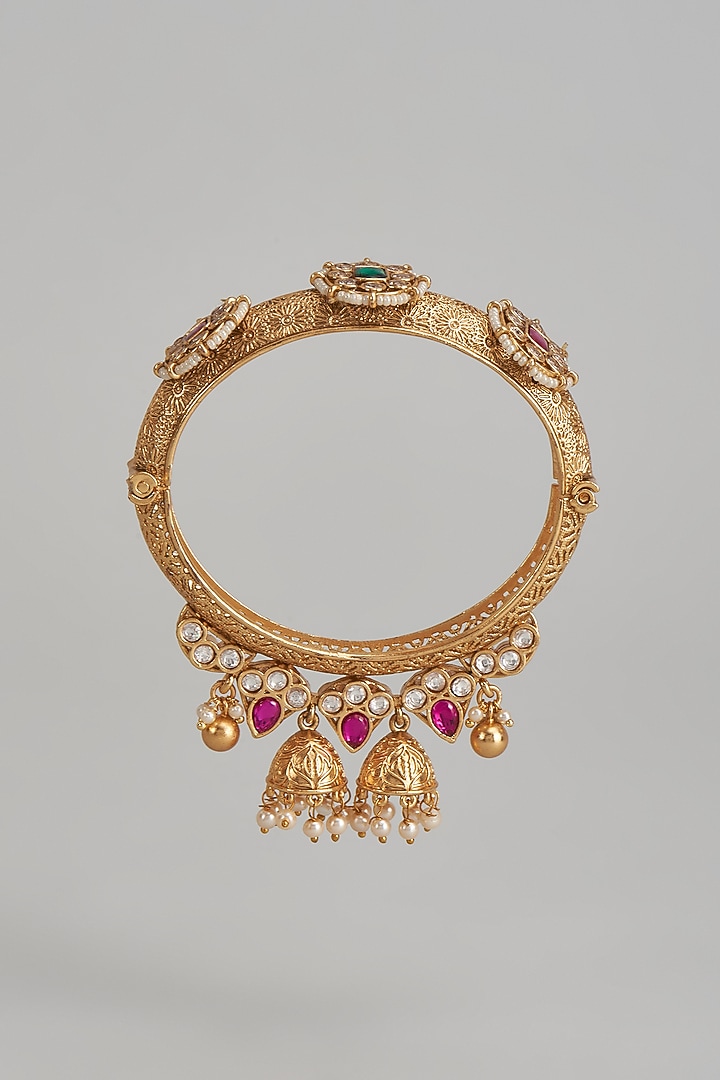 Gold Finish Kundan Polki & Multi-Colored Stone Temple Bangles (Set of 2) by VASTRAA Jewellery at Pernia's Pop Up Shop