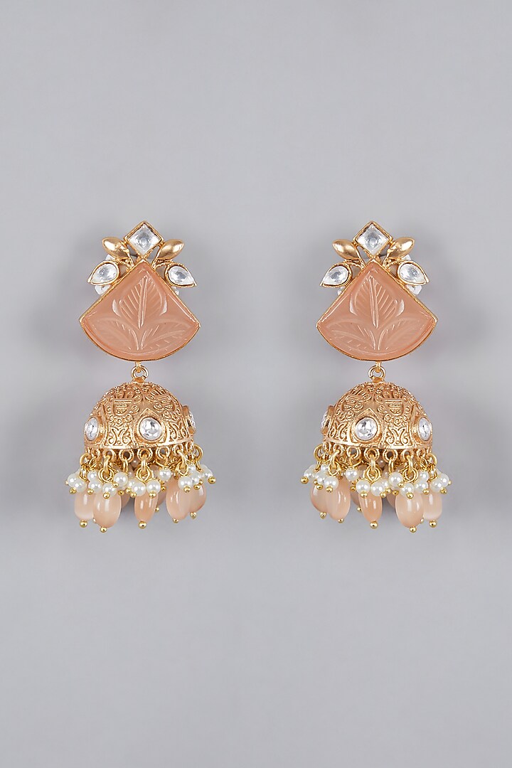Gold Finish Kundan Polki & Pearl Jhumka Earrings by VASTRAA Jewellery at Pernia's Pop Up Shop