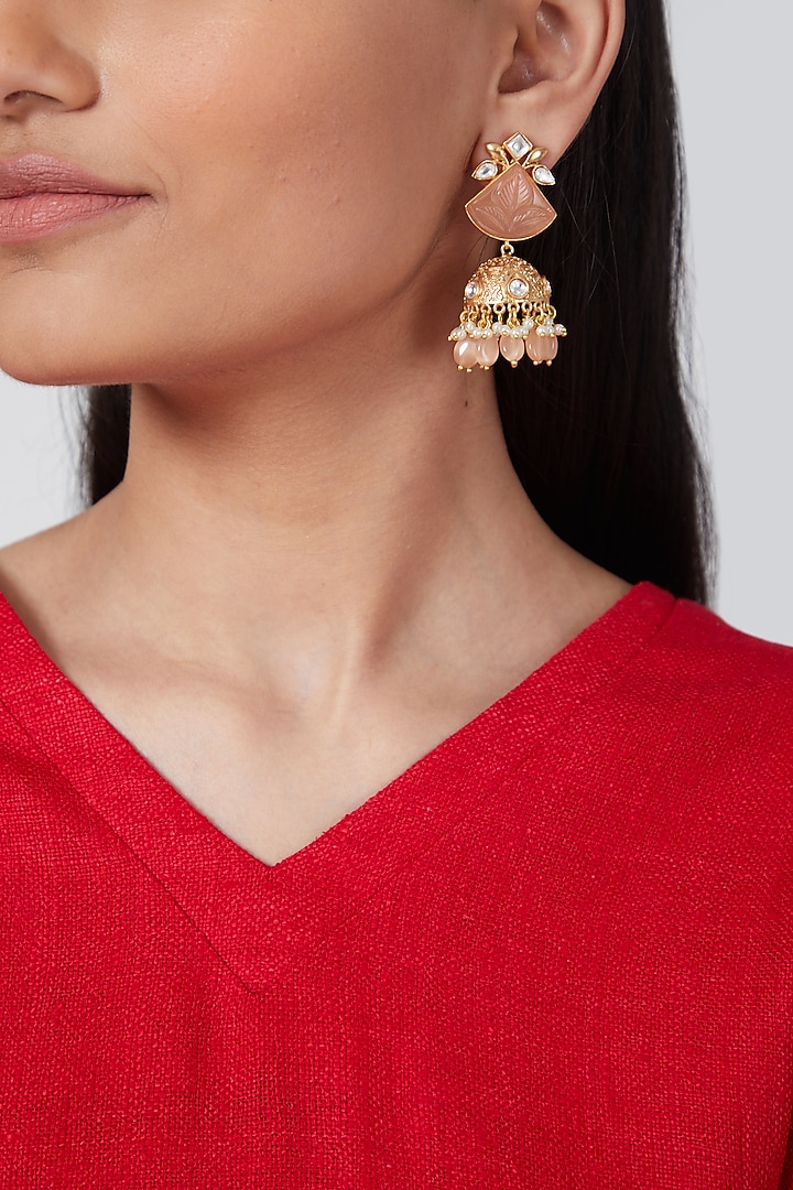 Gold Finish Kundan Polki & Pearl Jhumka Earrings by VASTRAA Jewellery at Pernia's Pop Up Shop