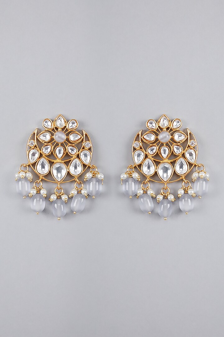 Gold Finish Kundan Polki & Grey Beaded Earrings by VASTRAA Jewellery at Pernia's Pop Up Shop