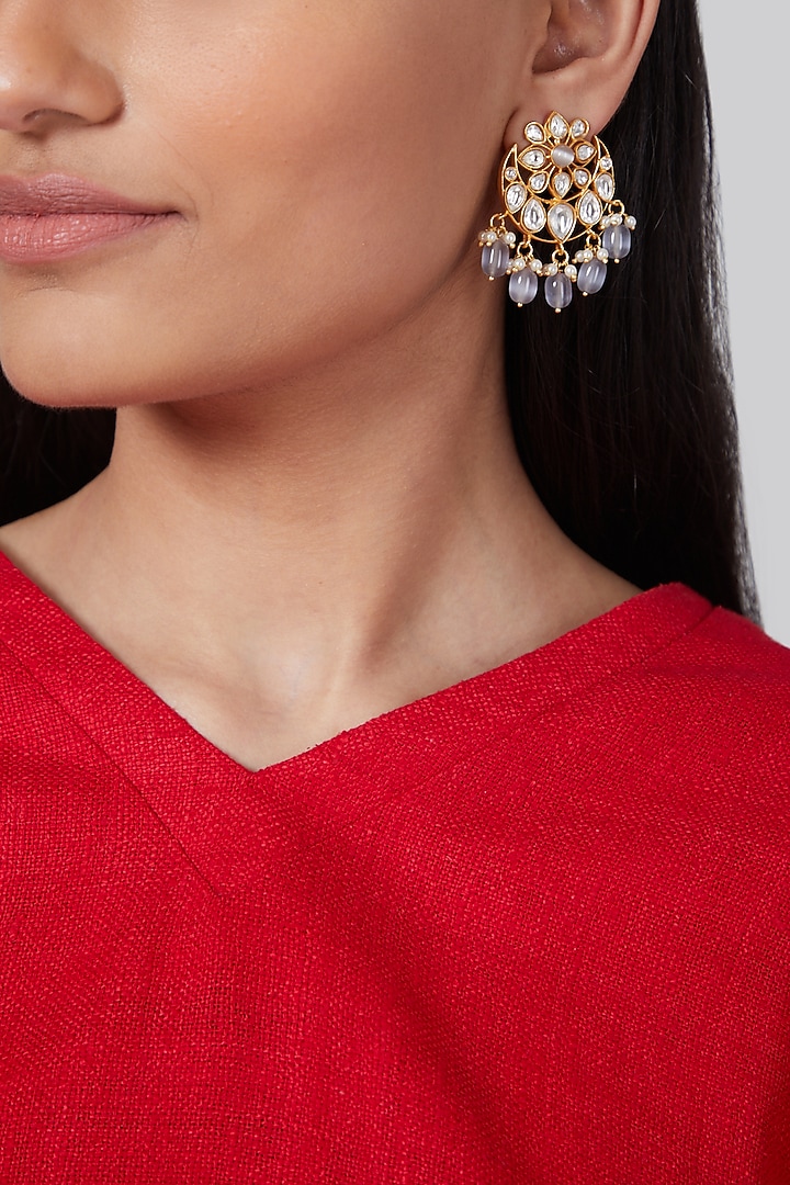 Gold Finish Kundan Polki & Grey Beaded Earrings by VASTRAA Jewellery at Pernia's Pop Up Shop