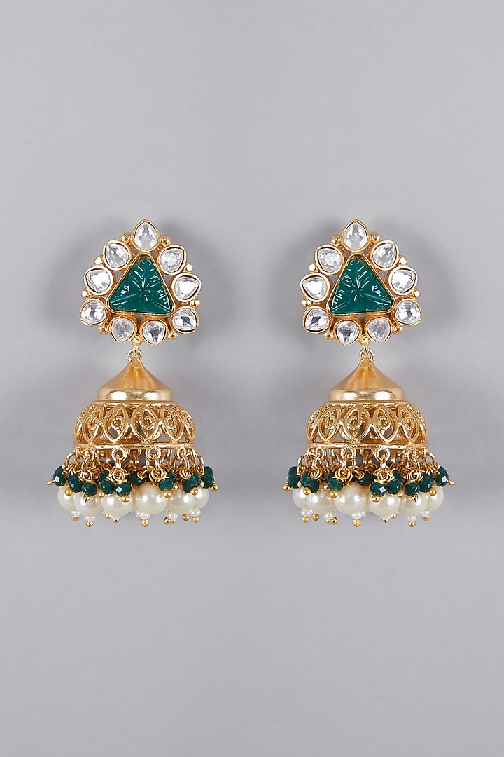 Gold Finish Green Stone & Kundan Polki Jhumka Earrings by VASTRAA Jewellery at Pernia's Pop Up Shop