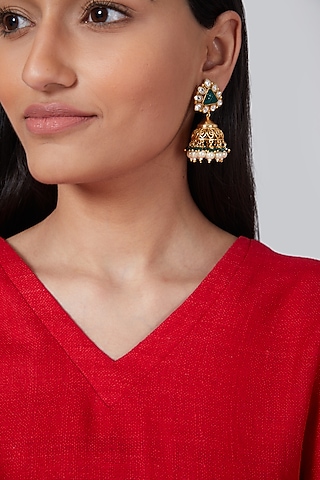 Gold Finish Green Stone & Kundan Polki Jhumka Earrings by VASTRAA Jewellery