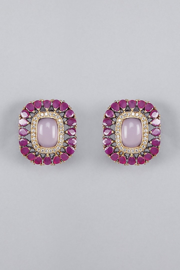 Gold Finish Kundan Polki & Pink Stone Stud Earrings by VASTRAA Jewellery at Pernia's Pop Up Shop