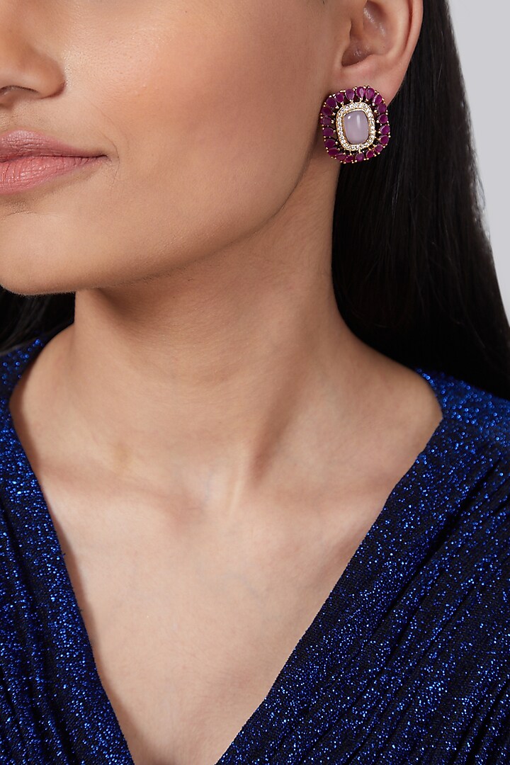 Gold Finish Kundan Polki & Pink Stone Stud Earrings by VASTRAA Jewellery at Pernia's Pop Up Shop