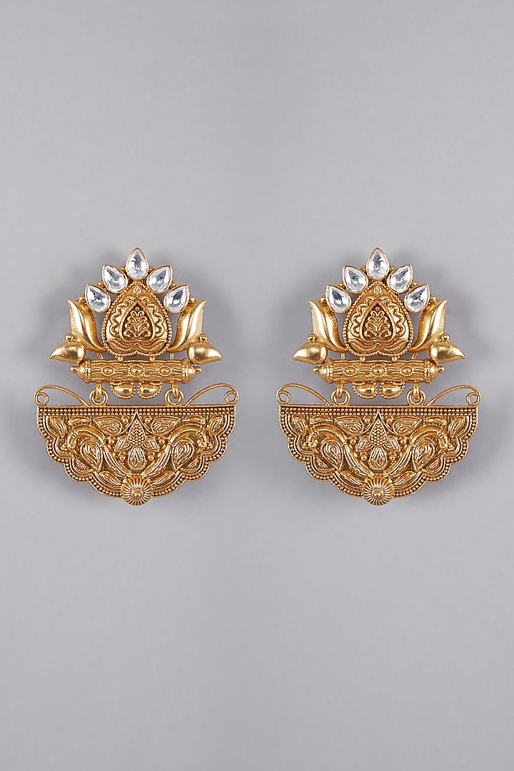 Gold Finish Kundan Polki Antique Earrings by VASTRAA Jewellery at Pernia's Pop Up Shop