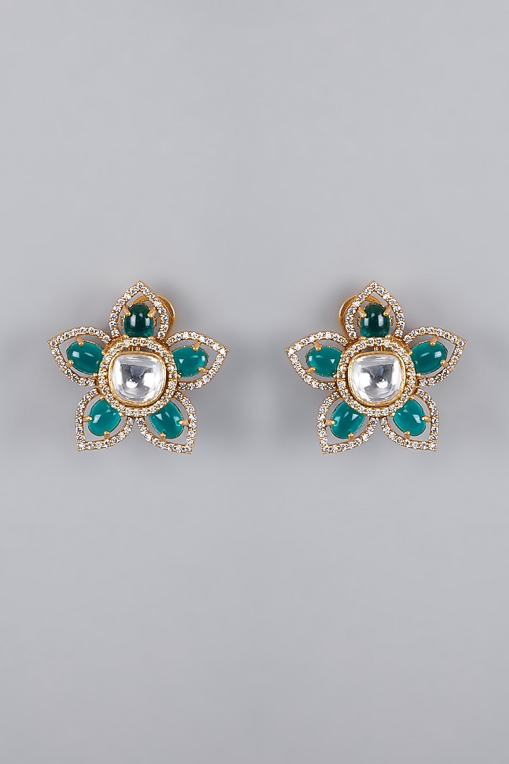 Gold Finish Green Stone Kundan Polki Earrings by VASTRAA Jewellery at Pernia's Pop Up Shop