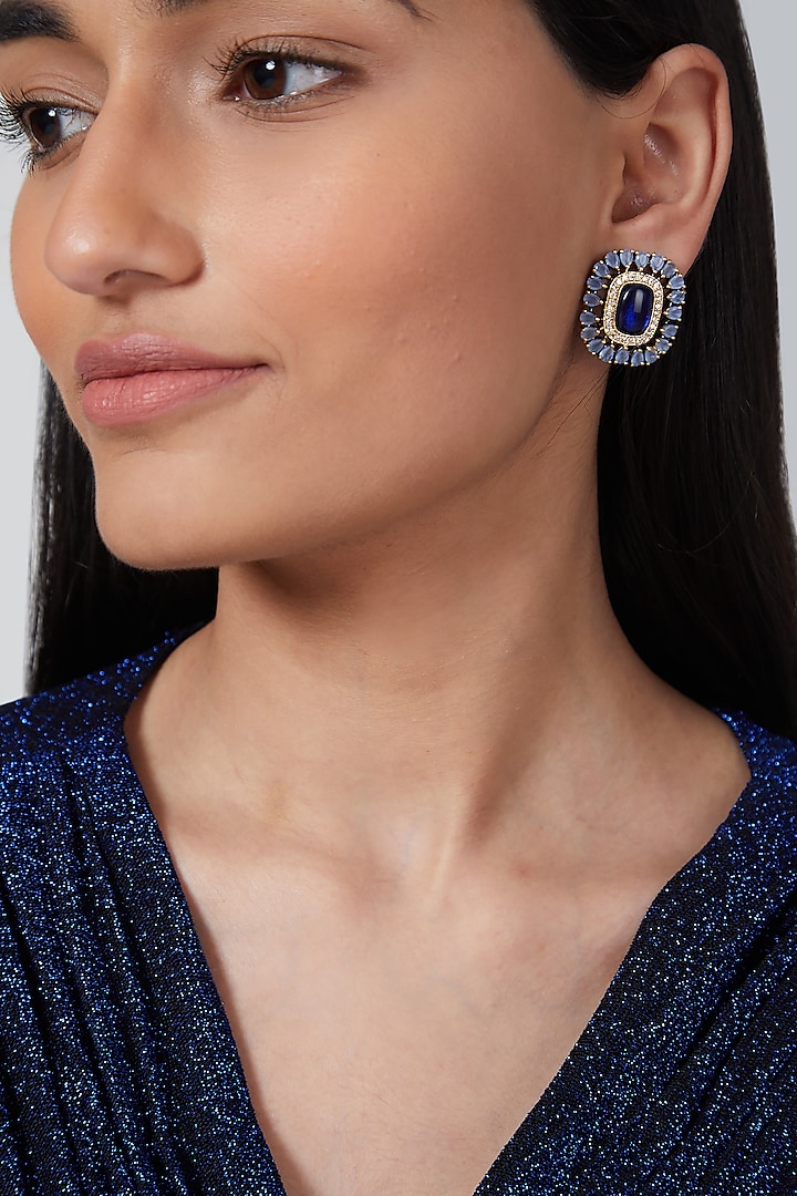 Gold Finish Blue Stone Stud Earrings by VASTRAA Jewellery