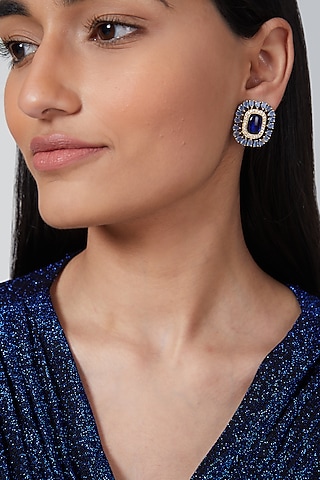 Gold Finish Blue Stone Stud Earrings by VASTRAA Jewellery