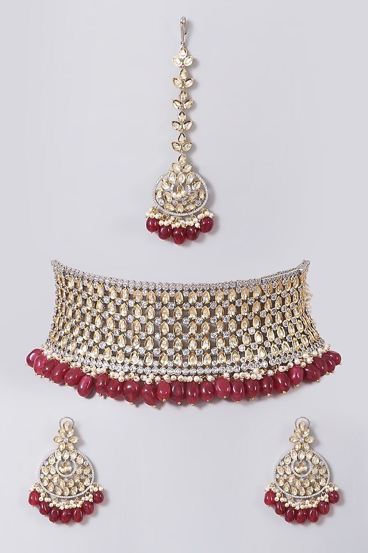 Two Tone Finish Kundan Polki & Red Beaded Choker Necklace Set by VASTRAA Jewellery at Pernia's Pop Up Shop