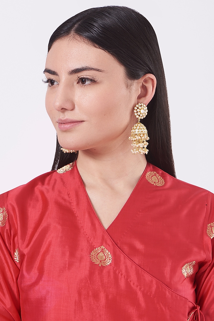 Gold Finish Kundan Polki & Pearls Jhumka Earrings by VASTRAA Jewellery at Pernia's Pop Up Shop
