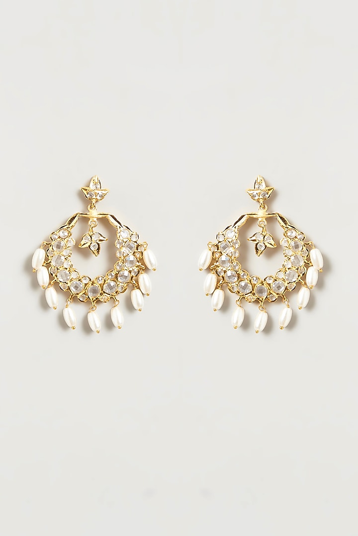 Gold Finish Kundan Polki & Pearl Dangler Earrings by VASTRAA Jewellery at Pernia's Pop Up Shop