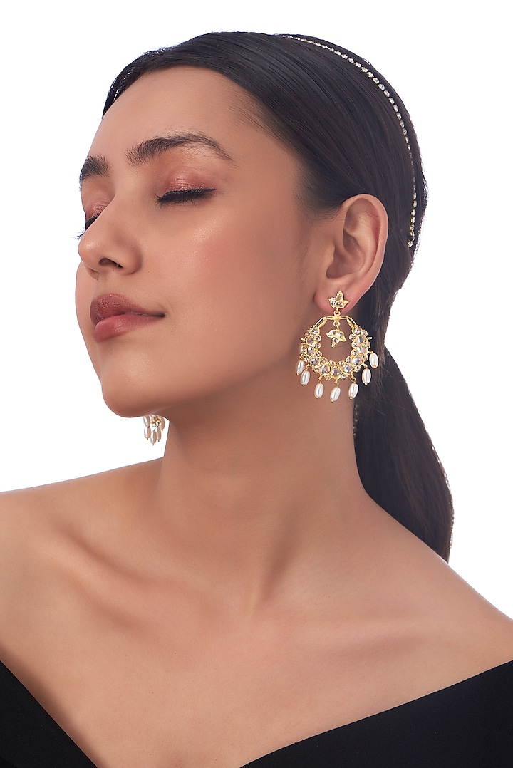Gold Finish Kundan Polki & Pearl Dangler Earrings by VASTRAA Jewellery at Pernia's Pop Up Shop