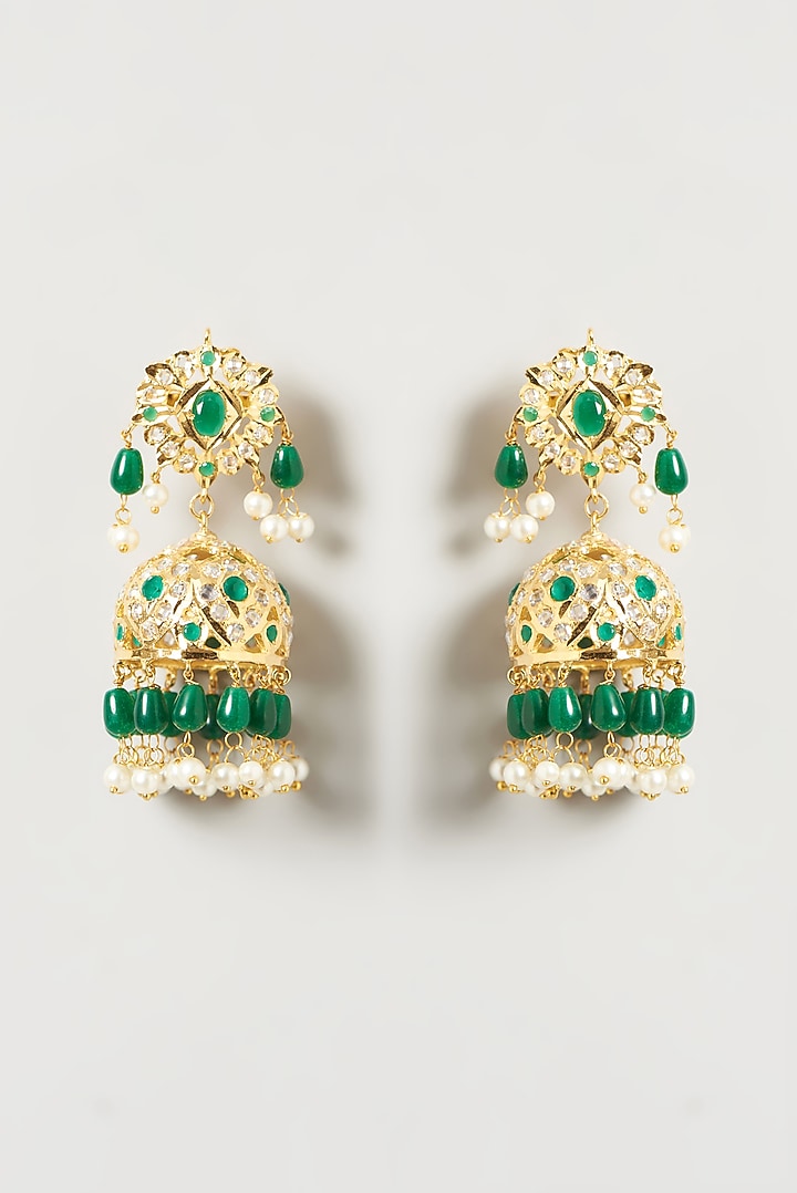Gold Finish Kundan Polki & Green Synthetic Stone Dangler Earrings by VASTRAA Jewellery at Pernia's Pop Up Shop
