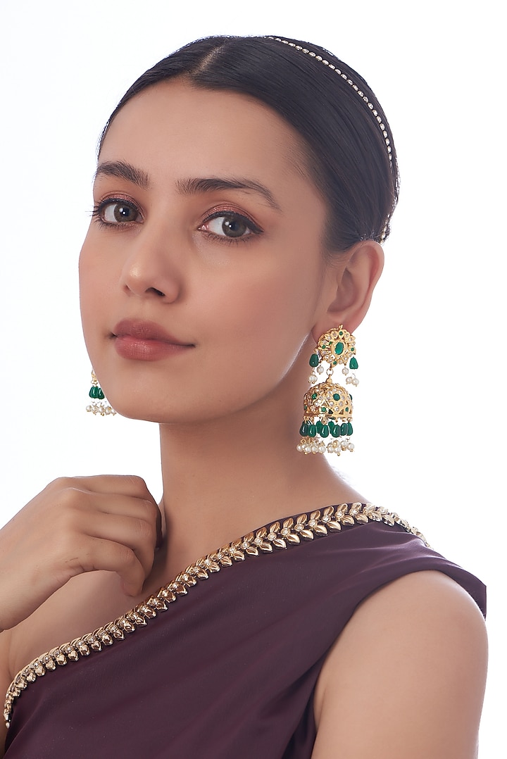 Gold Finish Kundan Polki & Green Synthetic Stone Dangler Earrings by VASTRAA Jewellery at Pernia's Pop Up Shop