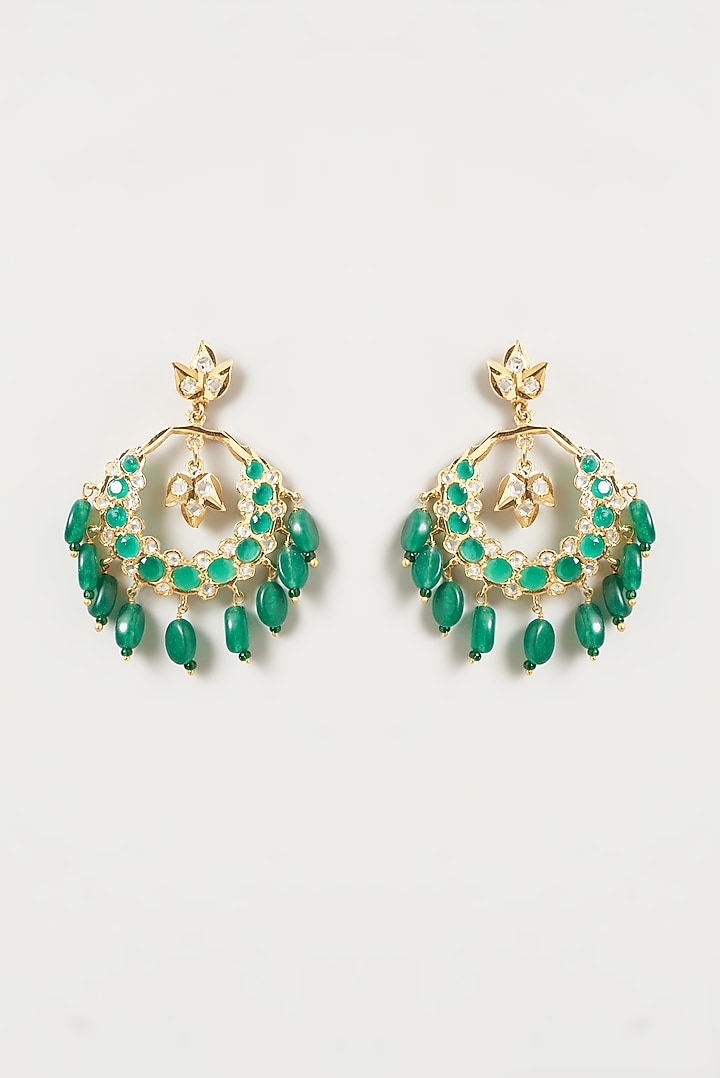Gold Finish Kundan Polki & Green Synthetic Stone Dangler Earrings by VASTRAA Jewellery at Pernia's Pop Up Shop