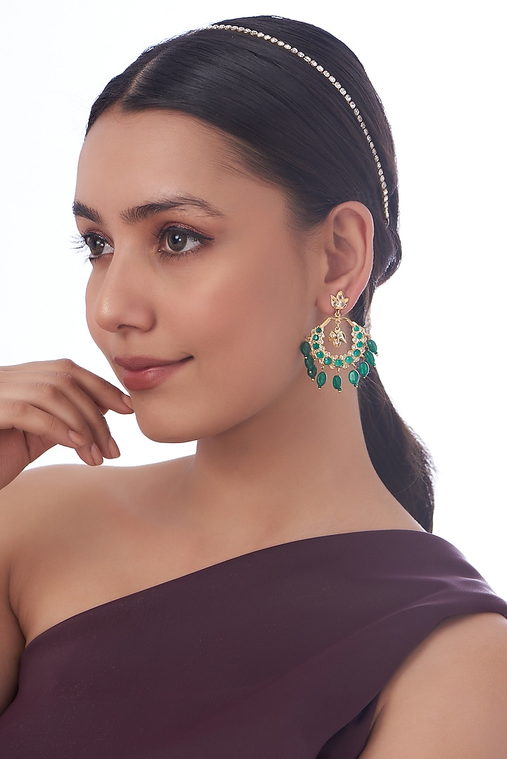 Gold Finish Kundan Polki & Green Synthetic Stone Dangler Earrings by VASTRAA Jewellery at Pernia's Pop Up Shop