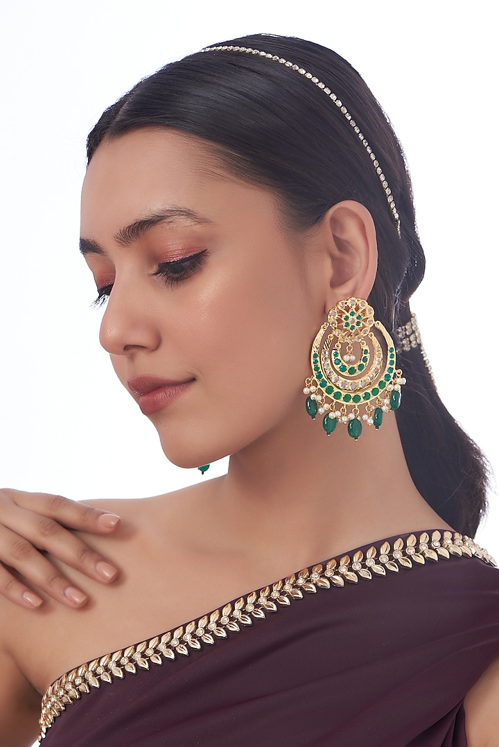 Gold Finish Kundan Polki & Green Synthetic Stone Chandbaali Earrings by VASTRAA Jewellery at Pernia's Pop Up Shop