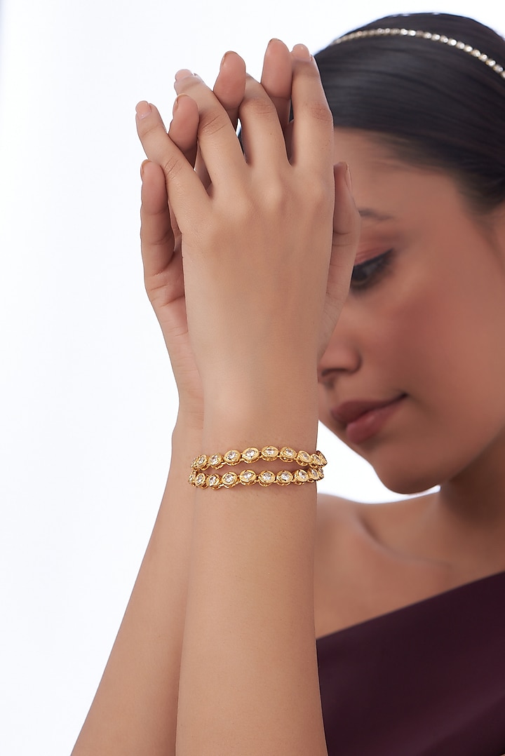 Gold Finish Kundan Polki Bracelet by VASTRAA Jewellery
