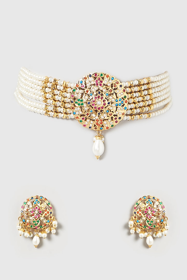 Gold Finish Kundan Polki & Pearl Choker Necklace Set by VASTRAA Jewellery at Pernia's Pop Up Shop