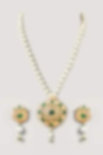 Gold Finish Kundan Polki & Green Stone Long Necklace Set by VASTRAA Jewellery