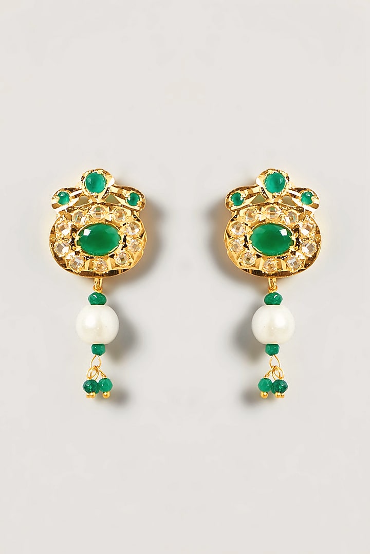 Gold Finish Kundan Polki & Green Stone Long Necklace Set by VASTRAA Jewellery at Pernia's Pop Up Shop