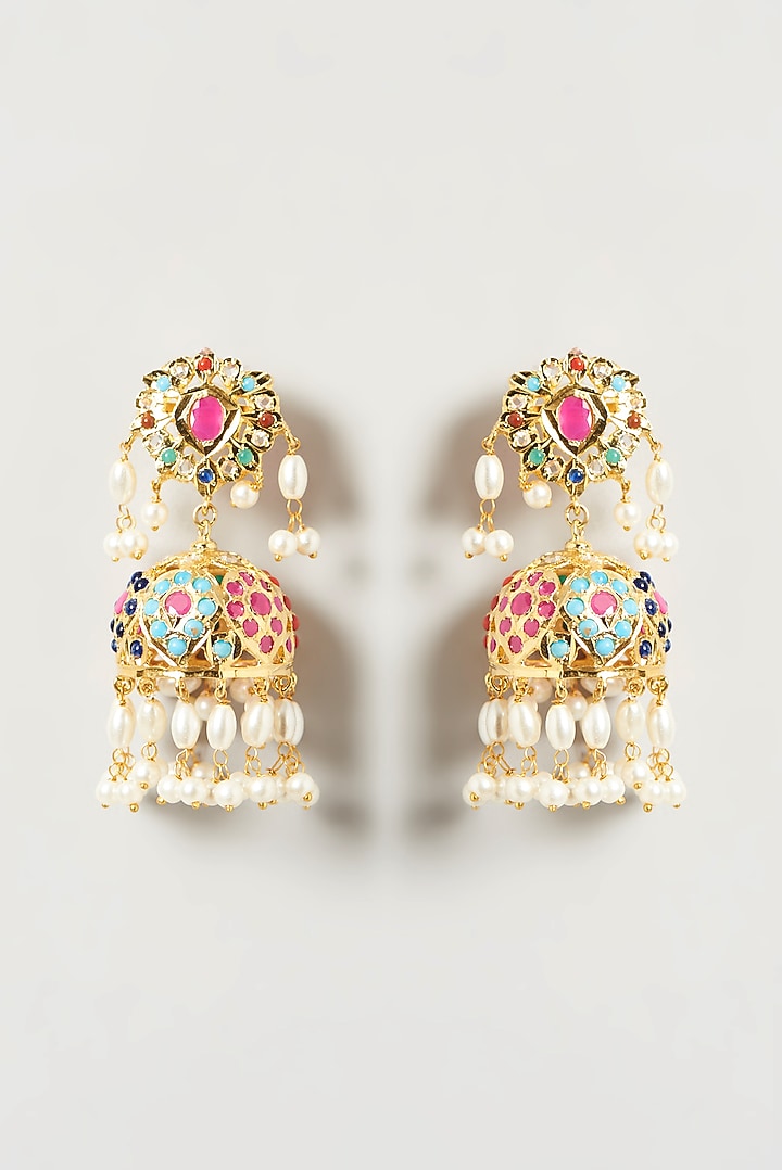 Gold Finish Kundan Polki & Beaded Jhumka Earrings by VASTRAA Jewellery at Pernia's Pop Up Shop