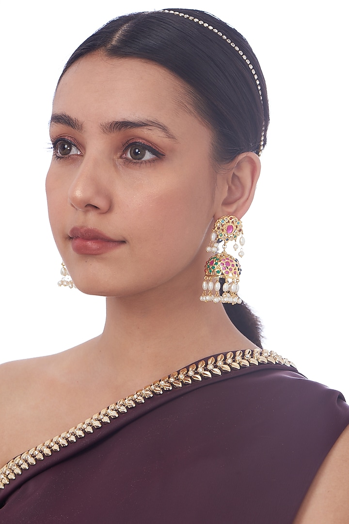 Gold Finish Kundan Polki & Beaded Jhumka Earrings by VASTRAA Jewellery