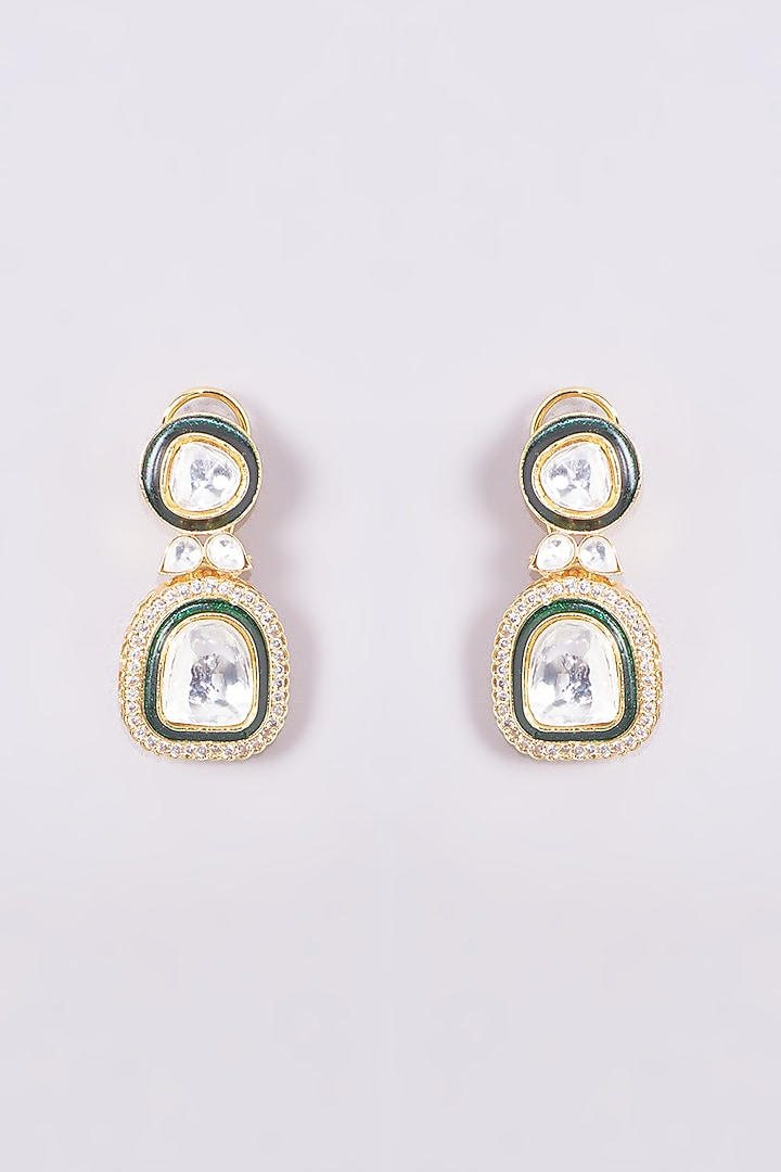 Gold Finish Kundan Polki Dangler Earrings by VASTRAA Jewellery at Pernia's Pop Up Shop