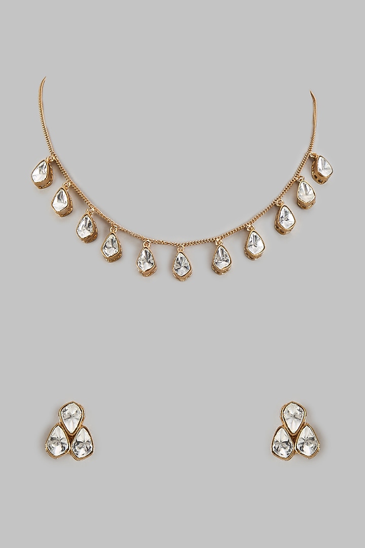 Gold Finish Kundan Polki Necklace Set by VASTRAA Jewellery at Pernia's Pop Up Shop
