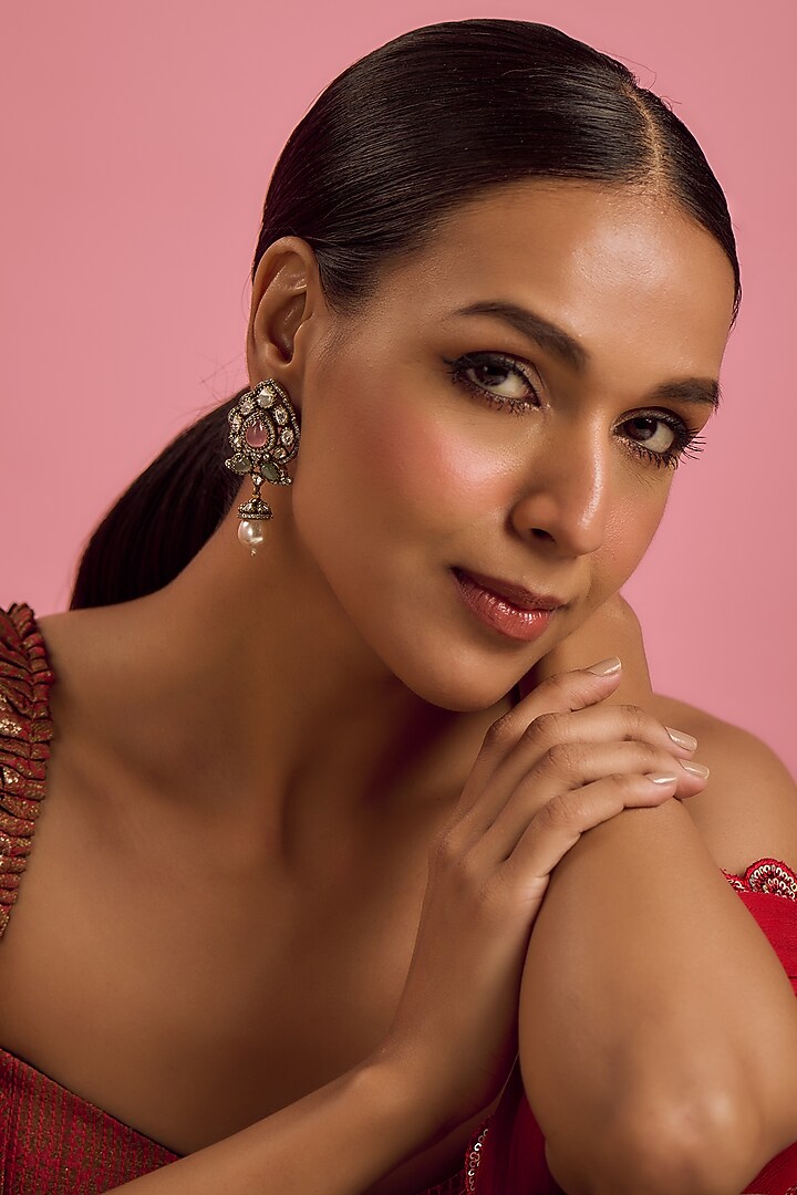 Black Rhodium Finish Kundan Polki & Pink Stone Dangler Earrings by VASTRAA Jewellery at Pernia's Pop Up Shop
